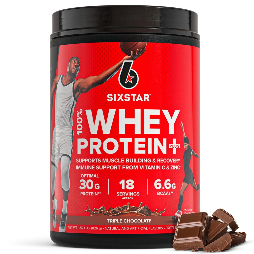 Enam Bintang Whey Protein Powder Plus - Bangunan Muscle & Recovery Formula dengan whey Isolate Powder, BCAAs, 30g Protein, Imune Dukungan - Penundaan-Kerja Supplemen - Triple Chocolate, 1.8 pon