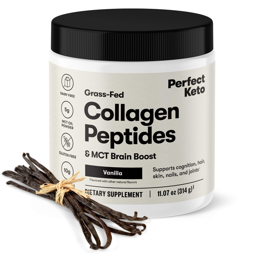 Perfect Keto Collagen Peptides Protein Powder with MCT Oil, Grass Fed, Hydrolyzed Collagen, Type I & III Suplemen, Keto Coffee Creamer, Vanilla