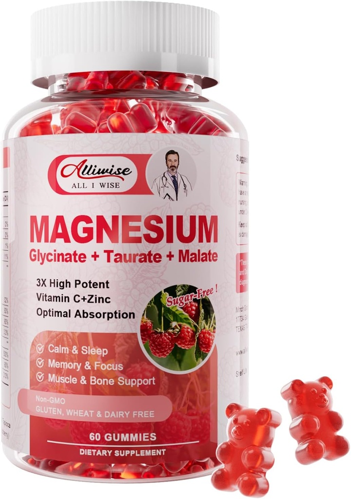 Magnesium Glycinate Gummies, Magnesium Potasium Suplemen dengan Tadrate, Malate, Vitamin D, C, B6, Kalsium, Dukungan Tubuh, Raspberry Magnesium Gummies untuk Dewasa & Anak