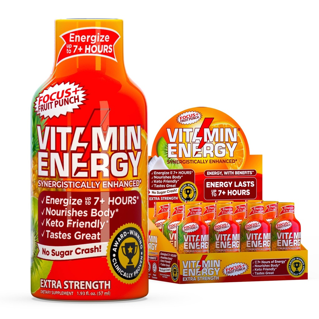 Vitamin Energy Focus + Extra Energy Shot Fruit Punch 12 Pack, 260mg Natural Caffeine, B-Vitamin, CoQ10, Amino Acids, Focus, Produtivitas & Clarity, Zero Sugar, Gluten-Free, 1.93 fl oz