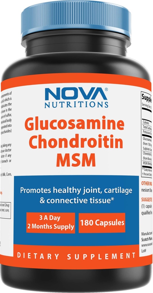 Nova Nutritions Triple Power Glucosamin Chondroitin MS2600mg / Serving Capsules, Supports Healthy Gabungan, Kartilage dan Connective Netsures - Proote Comfort Gabungan & Fleksibilitas 180 Count