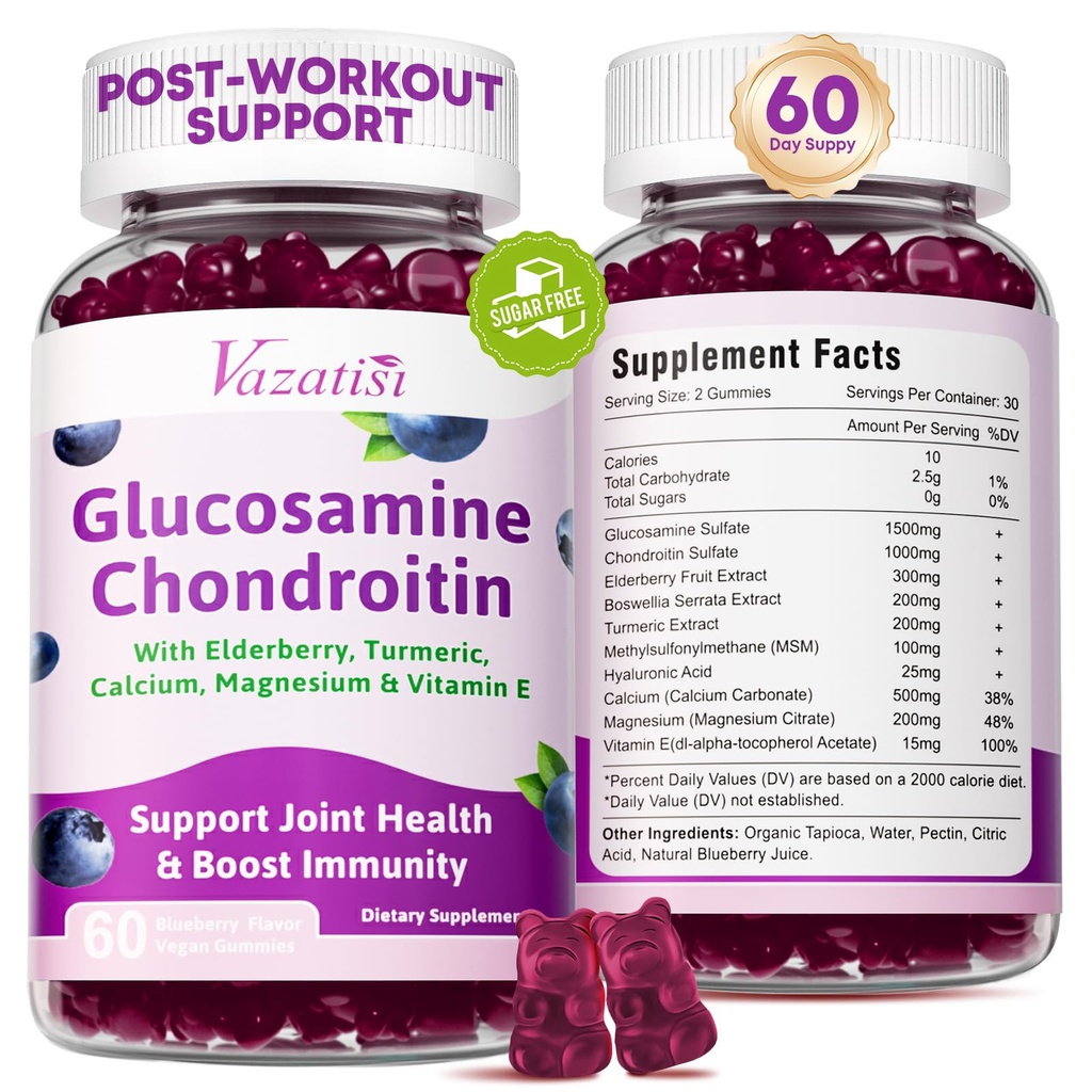 2 Kemas Glucosamin Chondroitin Gummies - Glucosamin Chondroitin dengan MSM, Elderberry, Turmeric, Dukungan Bersama untuk Dewasa, Pria & Perempuan - Blueberry Flavor, 120 Cts