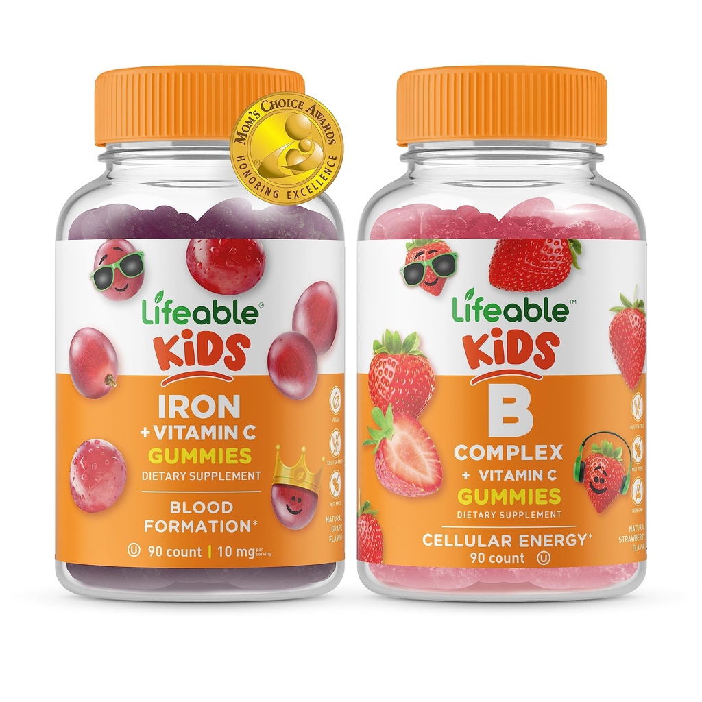 Lifeable Iron & Vitamin C Kids + B Complex Kids, Gummies Bundle - Great Tasting, Vitamin Suplemen, Gluten Free, GMO Free, Chewable Gummy