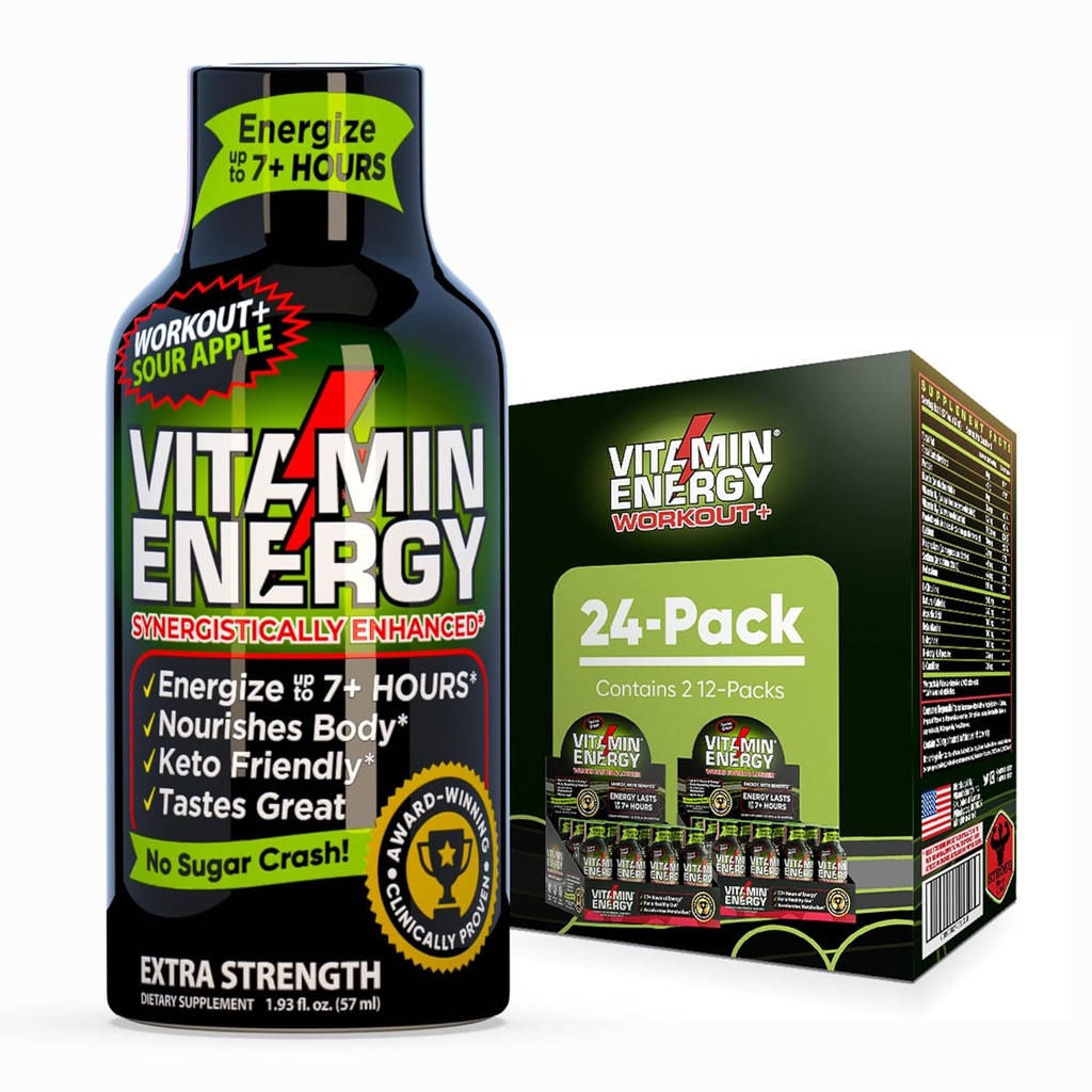 Vitamin Energy Workout + Extra Energy Shot Sour Apple 24 Pack, 260mg Natural Caffeine, Pre- Workout, B-Vitamin, Mineral & Performance, Zero Sugar, Gluten- Free, Vegan, 1.93 fl oz