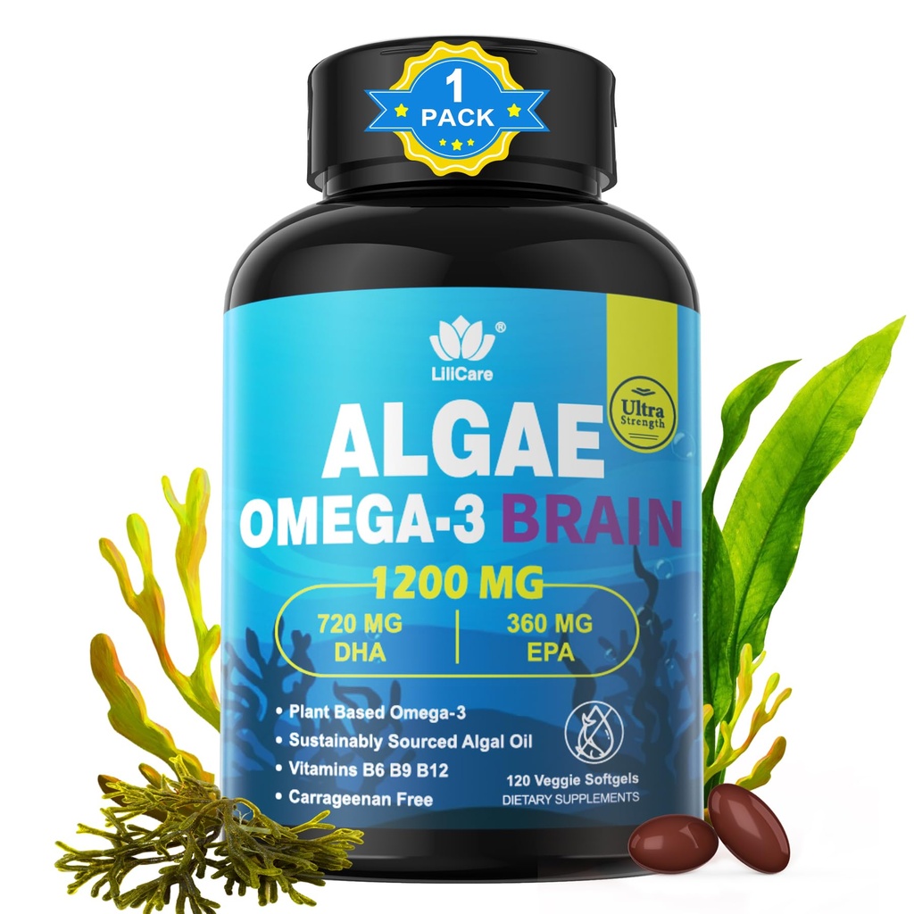Omega 3 Oil Softgeels dengan DHA 720mg EPA 360mg, Vegan Algae Science 2: 1 Rasio untuk Mata Otak, Tanaman Disusuransikan Omega 3 Supplemen, Ikan Oil 1200mg, No Fish Taste, 120Cts