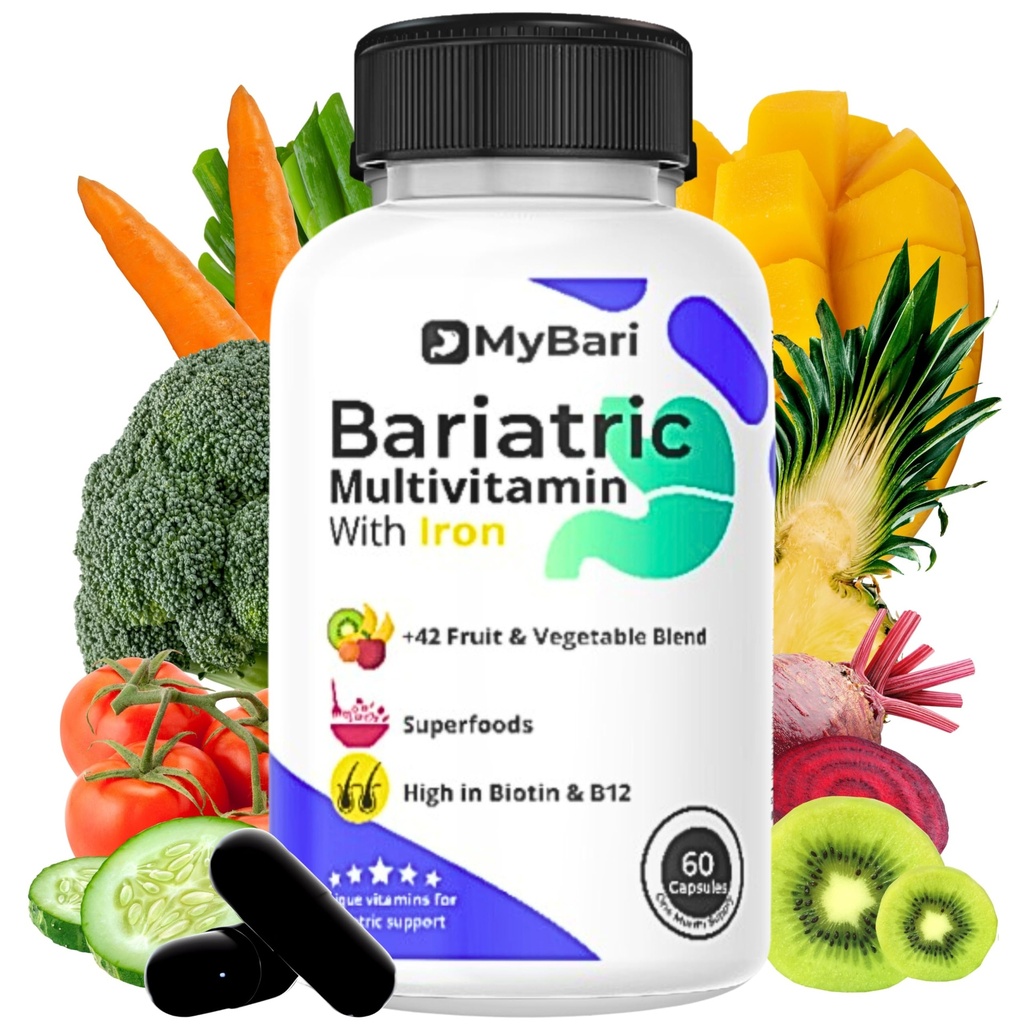 Semua Baritric Multivitamin dengan Besi - Dibuat di Amerika Serikat - untuk Pria & Perempuan - Mendukung Gastric Tidur & Bypass dengan 42 + Buah & Veggie Blend - 60 Liquid Kasules