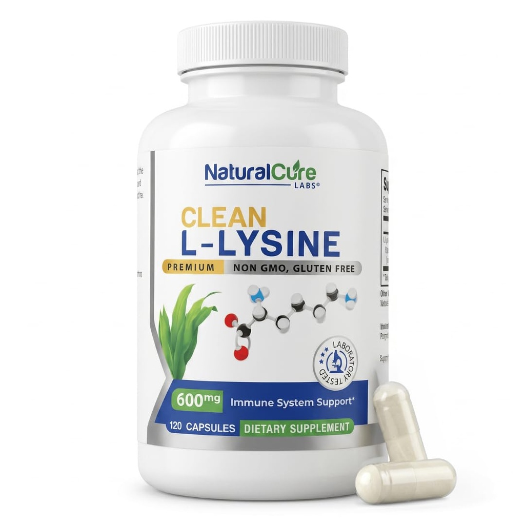 Natural Cure Labs Clean L- Lysine 600mg, 120 Capsules 12.4; Vegan, Non-GMO, & Gluten Free
