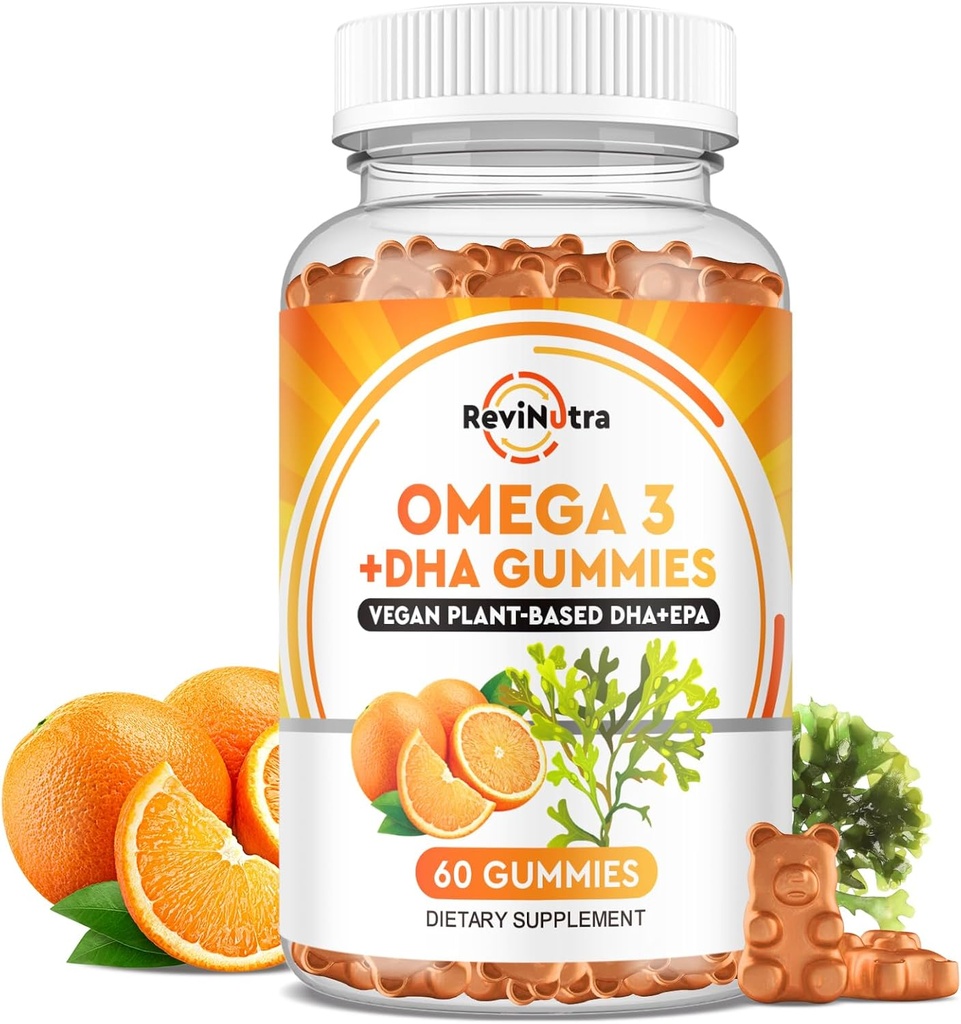 Omega 3 Gummies, Omega 3 Oil Suplemen Alternatif dengan EPA & DHA, CoQ10, Folate, Vitamin A, D3, E, Supports Brain, Gabungan, Heart, Eye, and Imune System Fuction- Orange Flavor, 60 Gummies