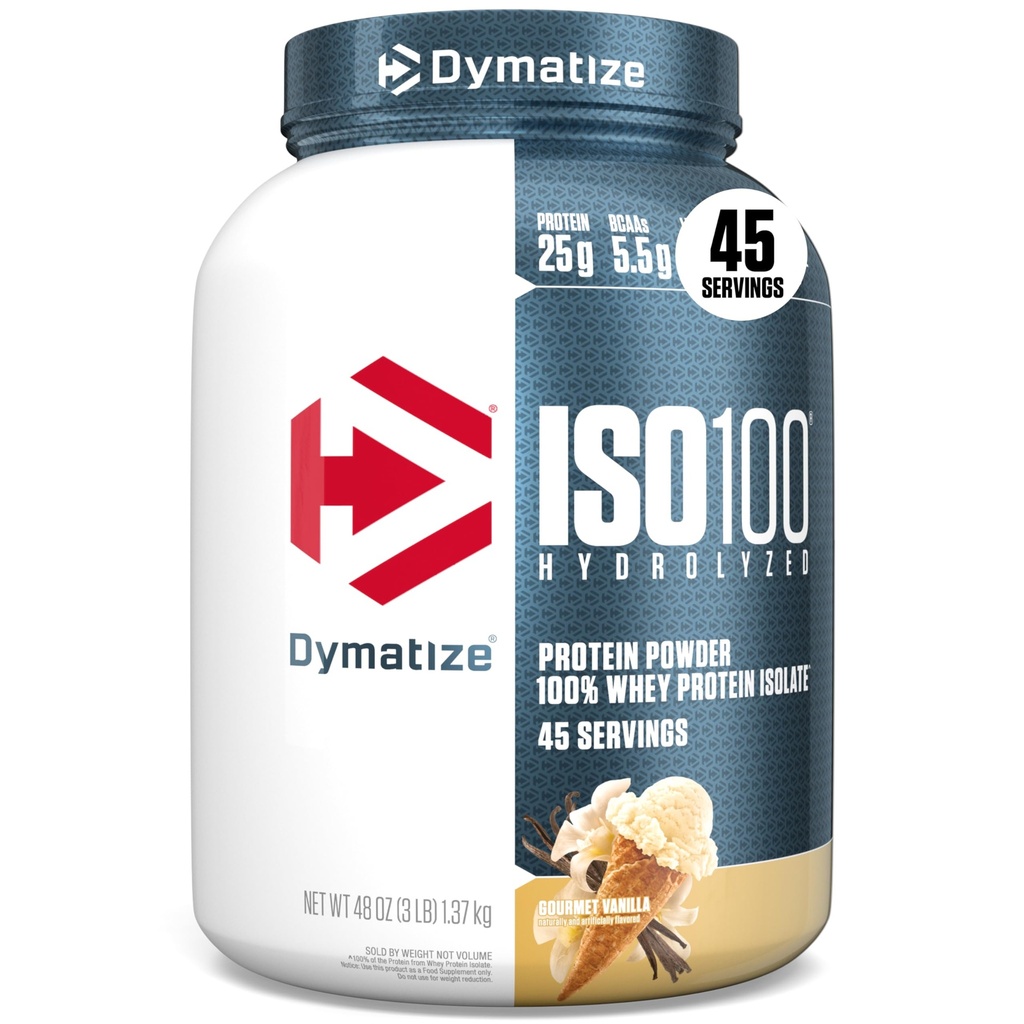 Dymatize ISO100 Whee Powder Isolat, Vanilla, 25g Protein, 3 Pound, 5.5g BCAAs, Kurang dari 120 Cal., Gluten Bebas, 1g Fat, 1g Sugar, 2g Carb (45 Pelayan)