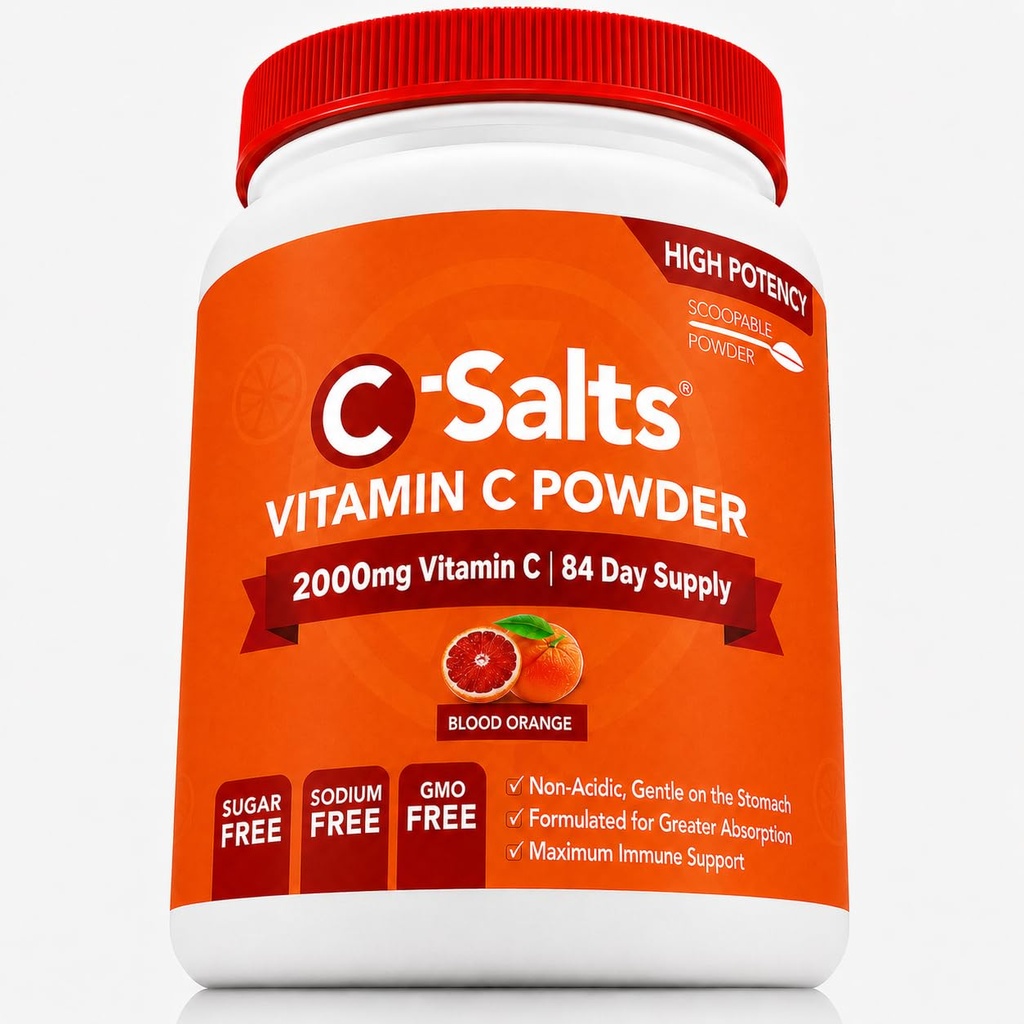 C-Salts Vitamin C Powder Supder Tambahan - 100% Pure High Dose Buffered Vitamin C Powder untuk Dukungan Imune - Organik, Sugar- Bebas, Vegan, Non- GMO, Stoach- Friendly, Darah Orange 8oz