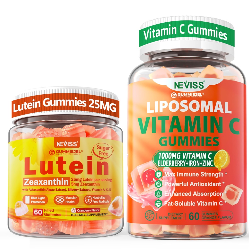 NEVISS 1 Pack Lipomal Vitamin C 100mg Gummies + 1Pack Lutein Atxanthin Suplemen Gummies