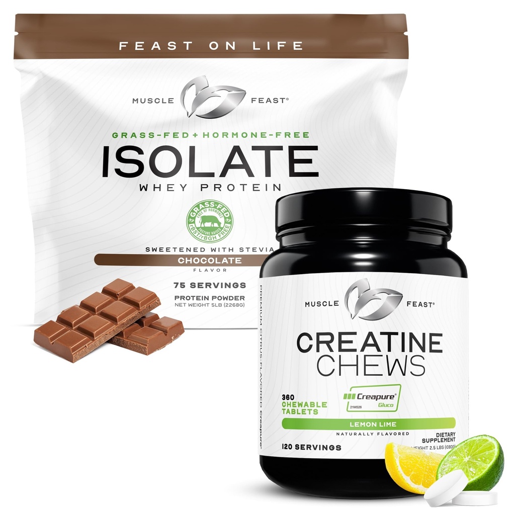 Isolasi Muscle Feast + Creatine Candy Bundle: 1 Whey Protein Isolate (Chocolate, 5lb) + 1 Creatine Candy (Lemon Lime, 360) Suplemen Premium, Vegetarian, Gluten Free
