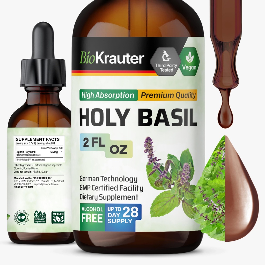 BIO KRAUTER Holy Basil Bentur - Tulsi Powder Ekstrak Cair - Mendukung Keselamatan dan Relaksasi - Suplemen Acid Ursolic - Alkohol dan Gula - Vegan Drops 2 Fl.Oz.