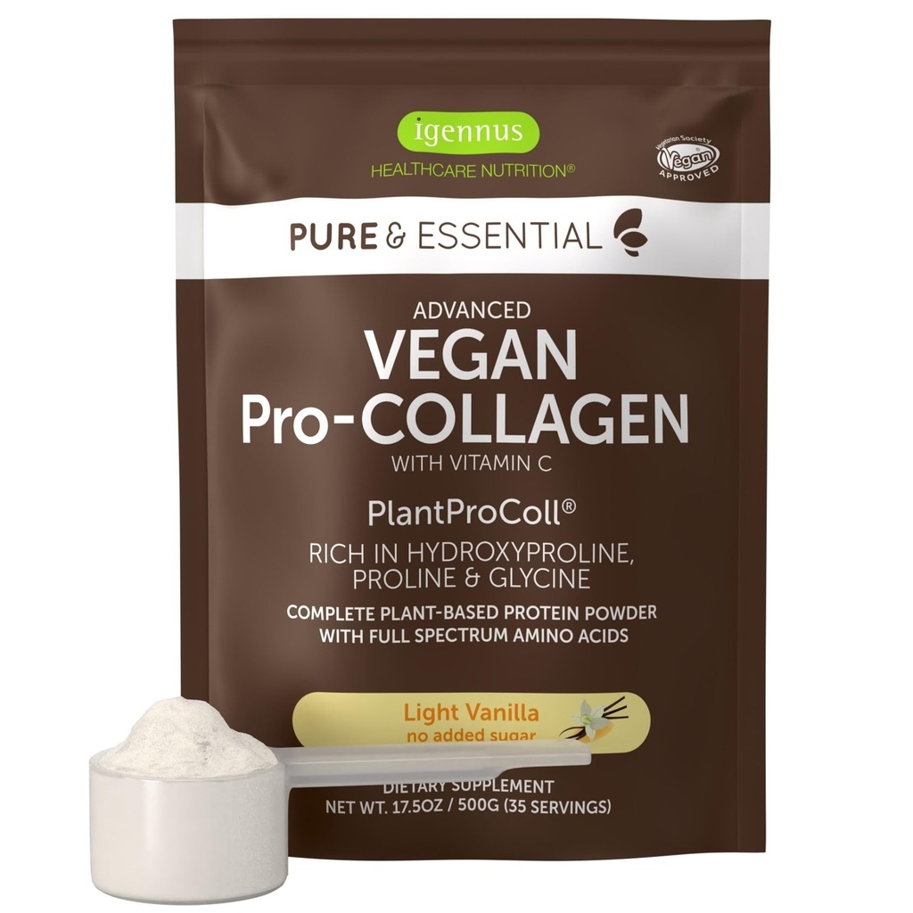 Igennus Advanced Vegan Vanilla Collagen Peptide Powder, Enhanced with Glycine, Proline & Hydroxyproline & Cofactor Vitamin C, Non GMO, Vegetarian Plant Based Collagen Powder Booster, 35 Servis