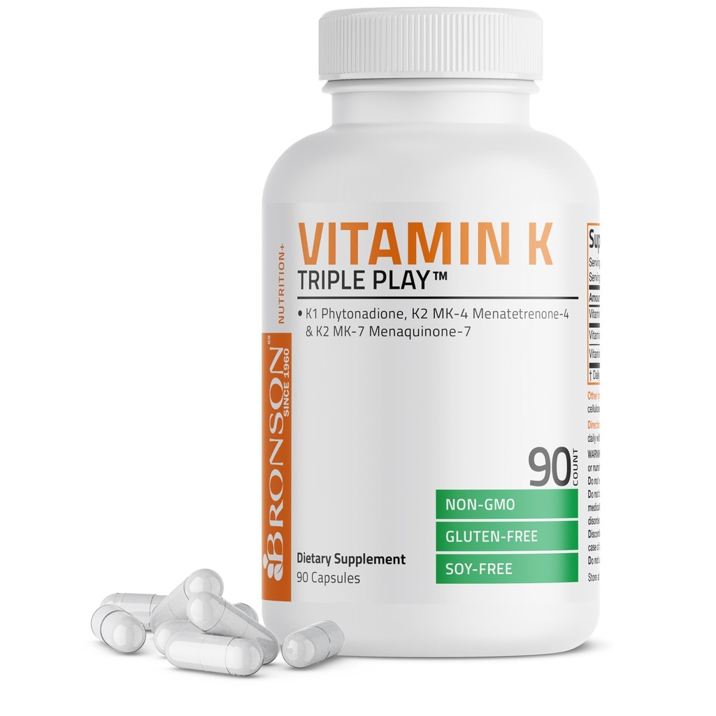 Bronson Vitamin K Triple Play (Vitamin K2 MK7 / Vitamin K2 MK4 / Vitamin K1) Full Spectrum Complex K Suplemen, 90 Capsules