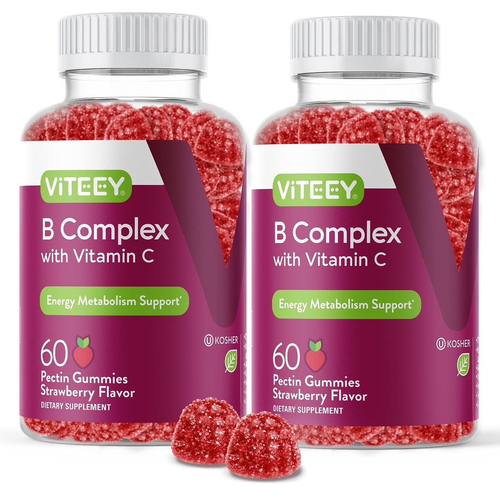 Viteey Vitamin B Kompleks Gummies dengan Vitamin C - Energi, Metabolisme & Imune Dukungan - B6, B12, Niacin, Acid Folic, Biotin, Calcium - Vegan, Gluten- Free - 120 Count