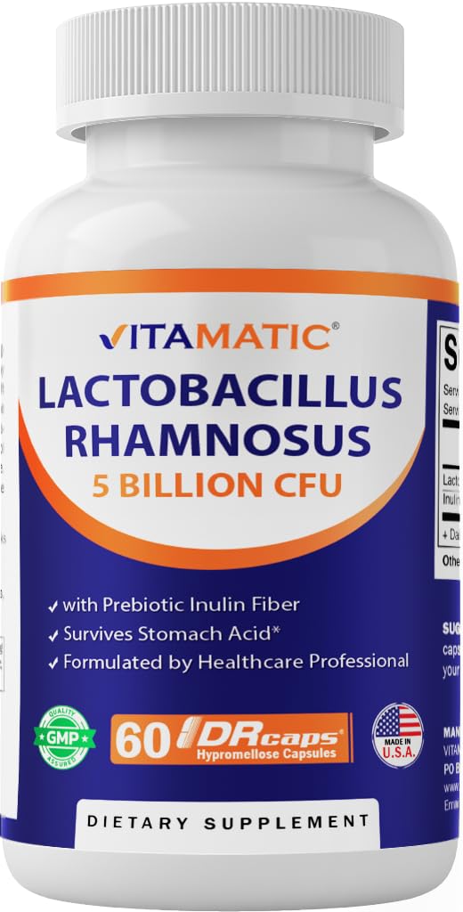 Vitamatic Lactoillus Rhamnosus 5 Billion per DR Capsule (10 Milyar Per 2 Capsules) - 60 Count - Advanced Digetical & Imune Dukung - Dibuat dengan Prebiotic Inulin Fiber