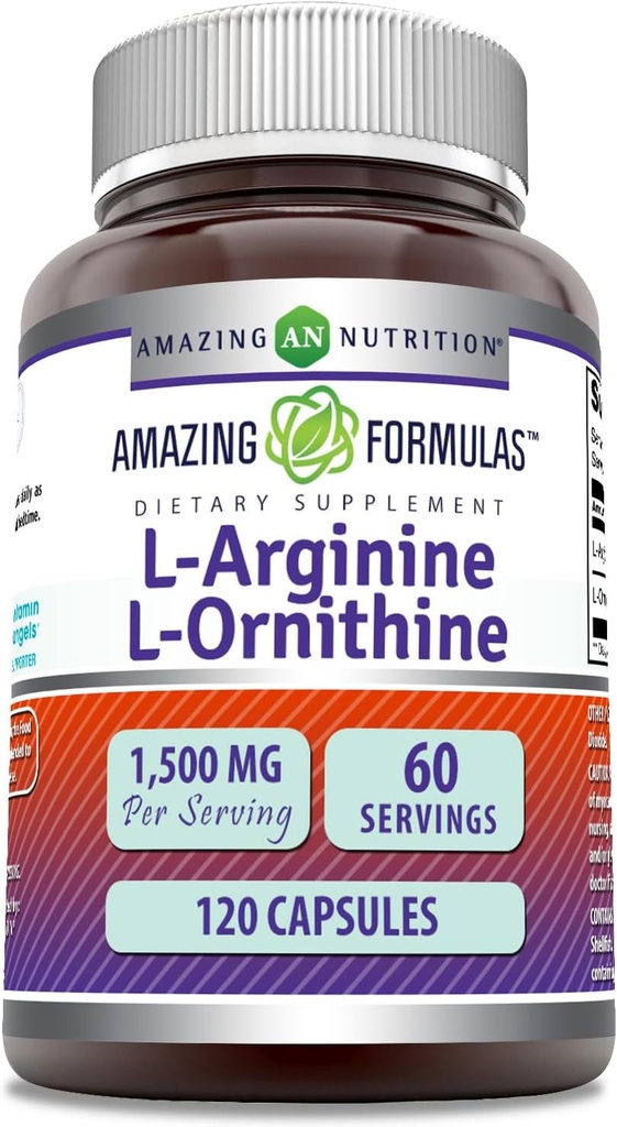 Amazing Formulas L-Arginine / L-Orniyoury 1500 Mg Per Serving, Capsules 124; Non- GMO 124; Gluten Free Amino Acid Suplement (120 Count)