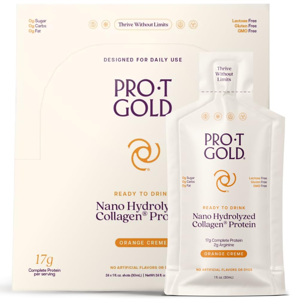 Protes Gold Liquid Protein Shot, 17g Clear Protein Nano - Hydrolyzed Grass Fed Collagen, 2g Arginine for Wound Dups, Gluten Free, Sugar Free, 0g Carbs, Orange Creme, 1 fl oz, 24 Pack