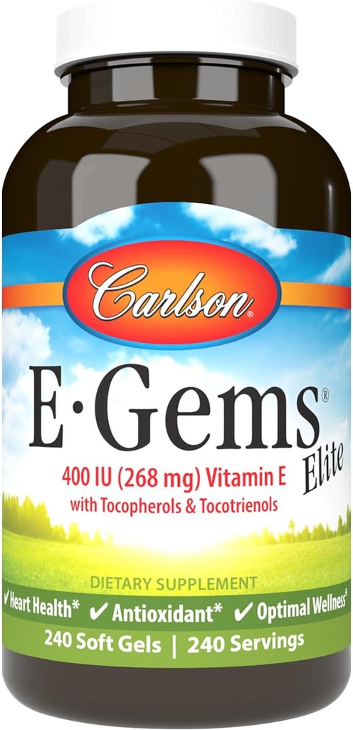 Carlson - E- Gems Elite, 400 IU Vitamin E dengan Tocopherols & Tocotrienol, Vitamin E Capsules, Heart Health & Optimal Wellness, Antioksidant, Vitamin E Suplemen, 240 Softgeels