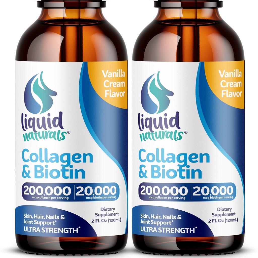 Liquid Collagen and Biotin, 2 Fl Oz, Ultra- Power Collagen Suplemen untuk Perempuan, Keto Friendly Biotin untuk Rambut Pertumbuhan, Nails, & Skin Vitamin B7 Peptides - Vanilla Flavor - 2 Pack