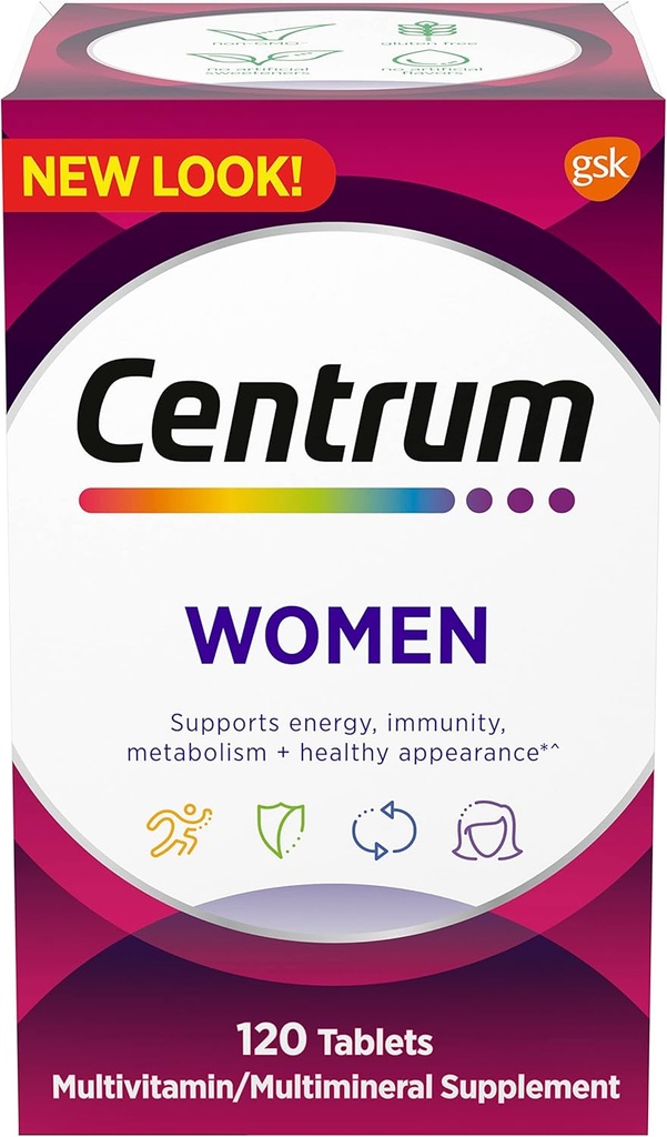 Sentrum Multivitamin untuk Perempuan, Multivitamin / Multimineral Suplemen dengan Besi, Vitamin D3, B Vitamin dan Antioksidant Vitamin C dan E, Gluten Bebas, Ingredisasi Non-GMO - 120 Count