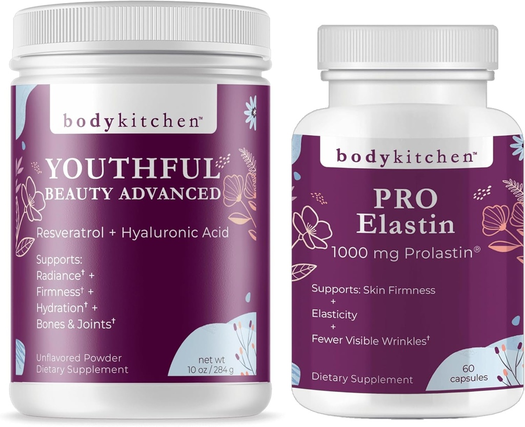 Body Kitchen Youthful Beauty Advanced Collagen Peptides Powder and Resveratrol and Hyaluronic Acid 10oz and Pro-Eustin, Count of 60