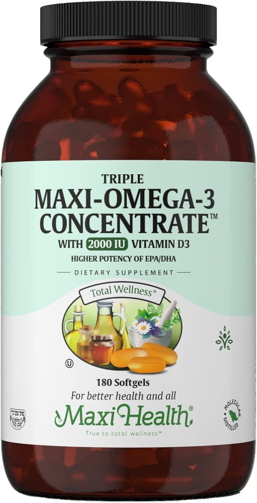 Tambahan Omega 3 - Omega-3 Triple Minyak Ikan Konsentrasikan dengan Vitamin D3 - Sumber EPA / DHA Acids Gendut - Hati, Otak, Kesehatan Gabungan - Kosher Disertifikasi Ikan Liar Caught Marine - 180 Softgels