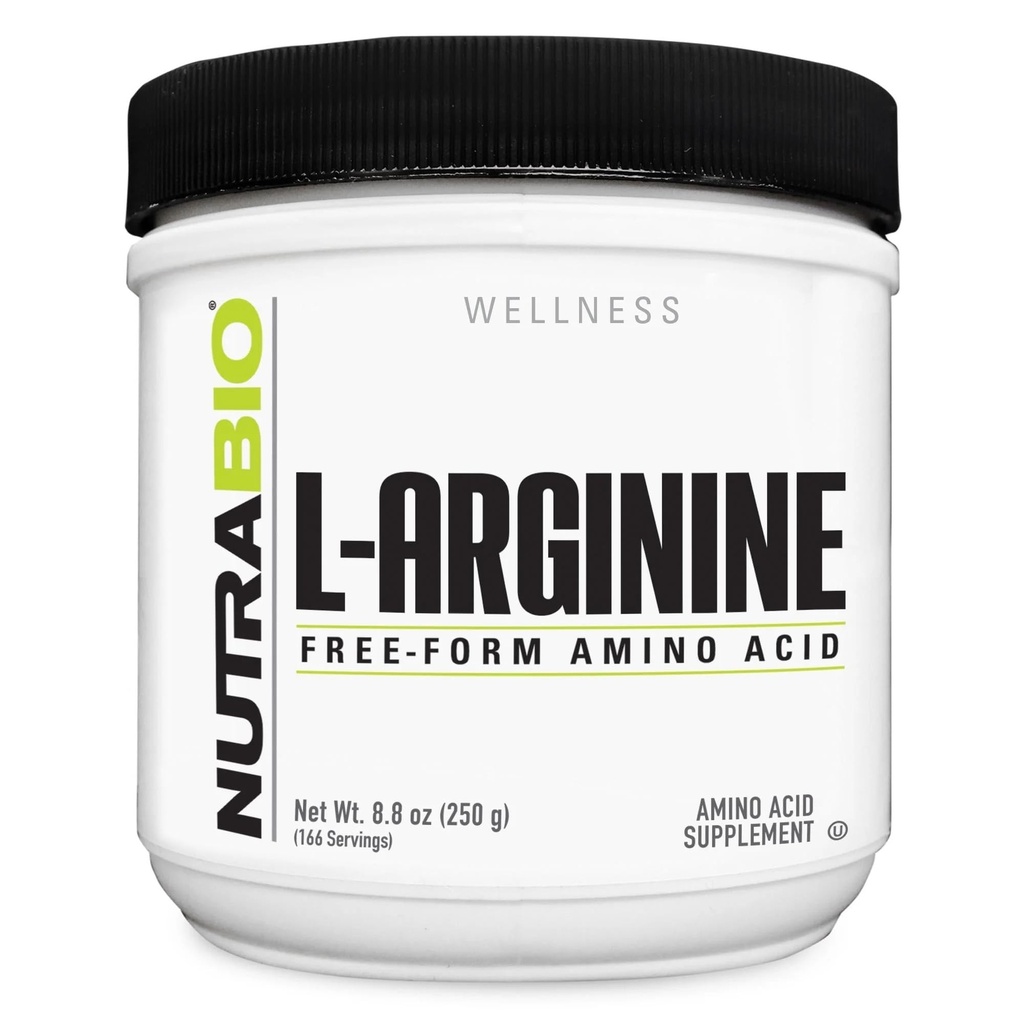 Suplemen NutraBio L-Arginine, 750mg Nitric Oxide Precursor, Support Blood Flow, Vascular Health, and Muscle Growth, 250g