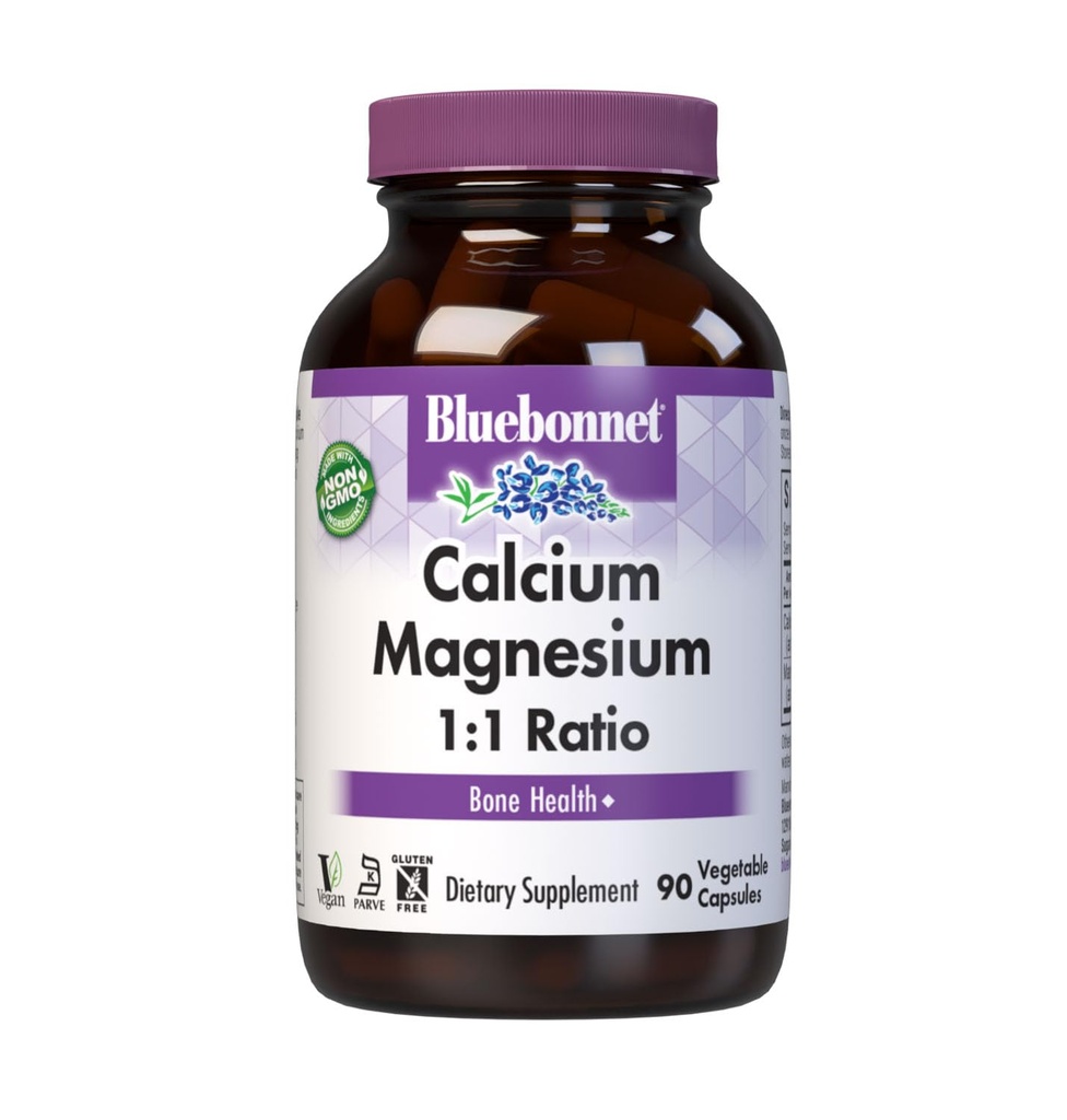 BlueBonnet Calcium Magnesium 1: 1 Rasio Vegetarian Capsules, 90 Cacah