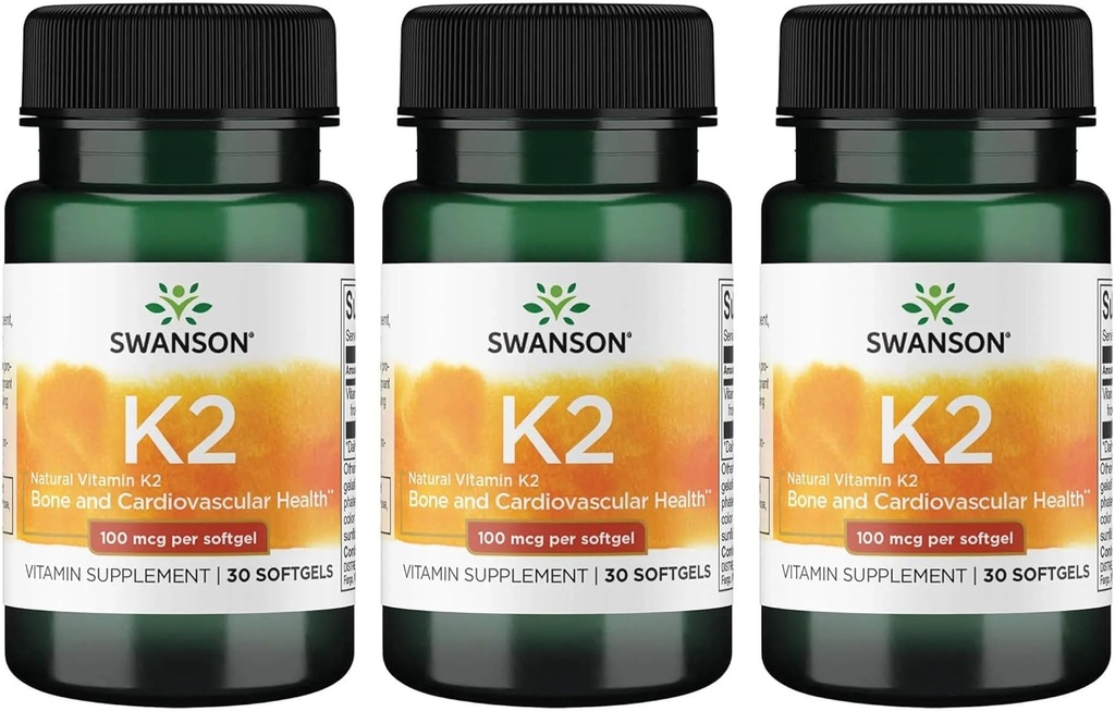 Swanson Vitamin K2 (Menaquinone-7) - Vitamin Supports Cardiovascular dan Bone Health - dibuat dari Jepang Natto untuk membantu Regulate Kalsium - (30 Softgels, 100mcg Masing-masing) (3 Pack)