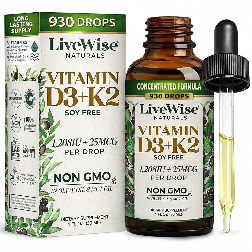 Vitamin D3 dengan K2 Liquid Drops, All Natural, Non-GMO, 1208iu D3 dan 25mcg K2 (mk7) per Serving, Dukung Bones Anda, Imune Sistem dan Tingkat Energi, dengan atau tanpa Peppermint Oil