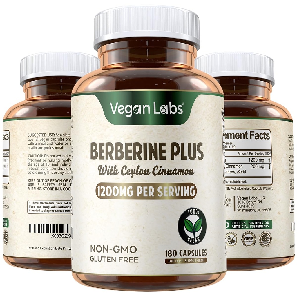 Lab Vegan Berberine HCL 1200 MG dengan Cinnamon Ceylon Organik - 180 Vegan Capsules - Supports Overall Health and Imune System