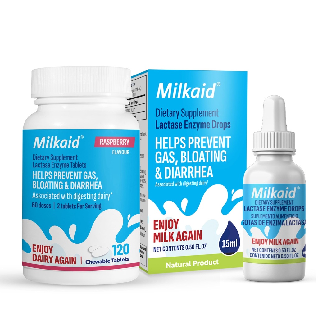Milkaid Lactase Enzyme Drops for Laktosa Intoleransi Relief 124; Prevents Gas, Bloating & Diwana 124; Dairy Digetives Supplemen 124; 0.5 Fl Oz & 120 Raspberry Flavored Tablets