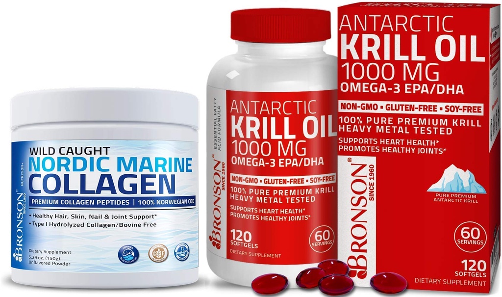 Bronson Marine Collagen Peptides Hydrolyzed Protein Powder + Antartika Krill Oil 1000 mg dengan Omega- 3s EPA DHA