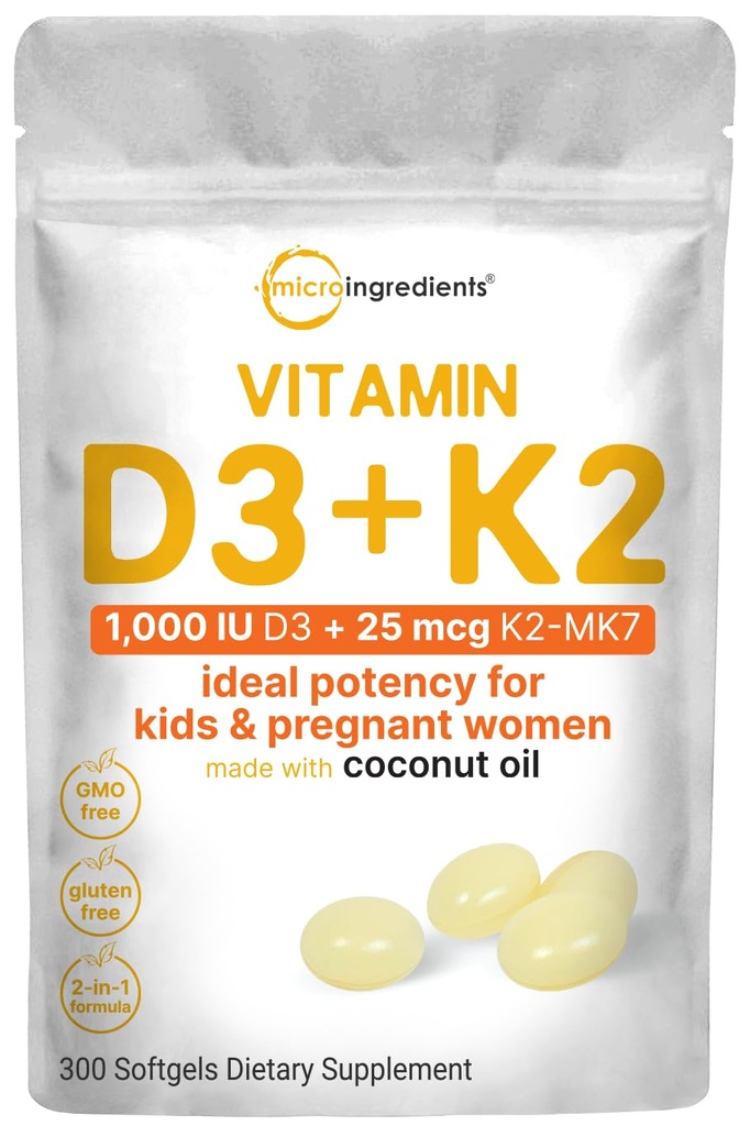 Mikro Ingrediens Vitamin D3 1.000 IU + K2 MK-7 25 mcg, 300 Softgels 124; Virgin Coconut Oil 12.2-1 Bone, Imune & Heart Dukungan 124; Mudah untuk Swallow, Non-GMO