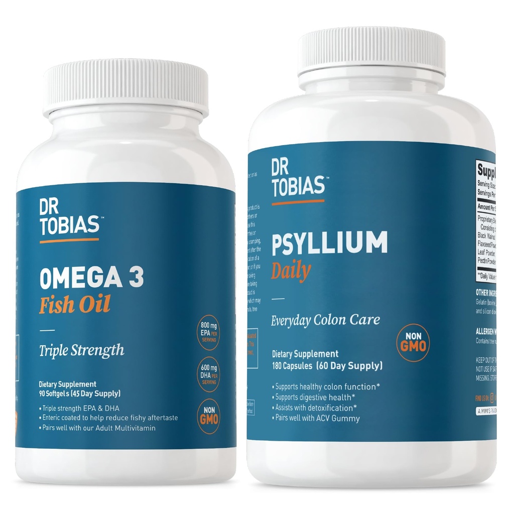 Dr. Tobias Omega 3 Minyak Ikan & Psyllium Daily Suplemen Untuk Hati, Otak & Imune Dukungan, Pergerakan Bowel Sehat Dengan Psyllium Husk