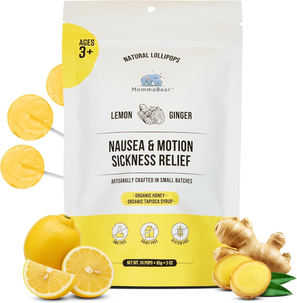 MommaBear Nausea & Motion Sickness Lollipops - Non-GMO Lemon & Ginger Candy for Nausine - Organic Lollipops for Kids 3 + & Pregnant Women to Alleviate Quesiness - Tighly Searled for Freshness (10 Pack)