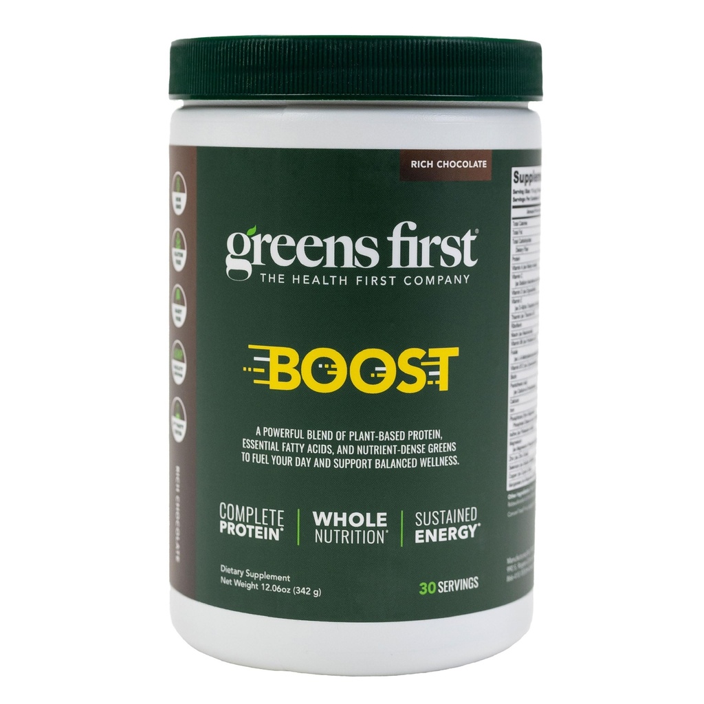 Hijau Pertama Boost - Tanaman-Based Protein & Balanced Nutition - Superfood Shake Mix - No Wheat atau Soy-Free - Vegan - Dutch Chocolate, 12.28 oz.