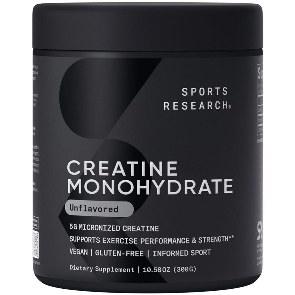 Sports Research Creatine Monohydrate - Gain Lean Muscle, Impprove Performance and Power and Dukung Pemulihan Kerja - 5 g Micronized Creatine - 10.58 oz
