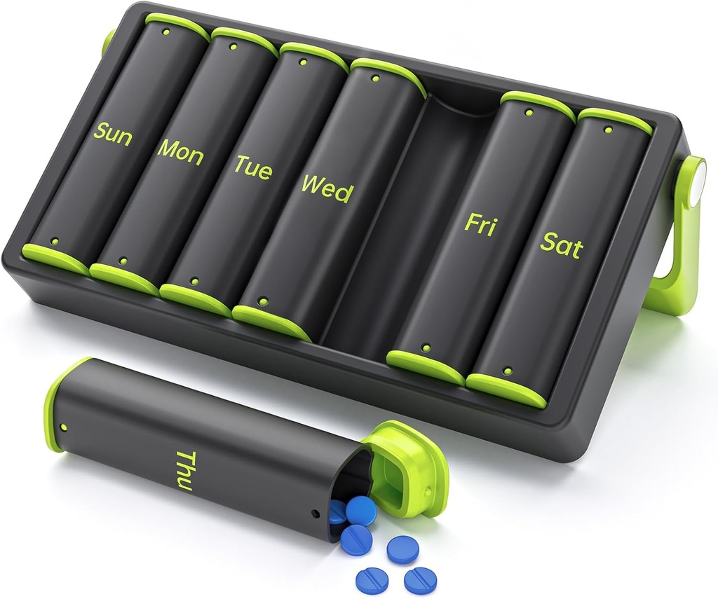 Weekly Pill Organizer 2 Kali sehari, KOVIUU Large Travel Pill Box 7 Day, Am Pm Twice Daily Pill Case with Rotatable Handle, Pill Holder Container for Vitamin, Medicine, Suplement, Fish Oil, Green