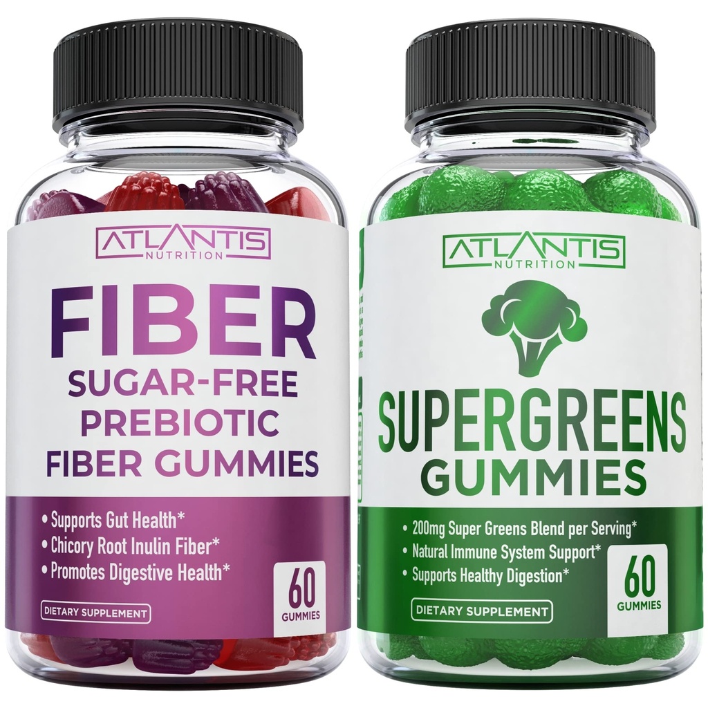 Usus Kacang Atlantis Gula Bebas Prebiotik Gummies Untuk Dewasa 2-Pack (120 Gummies) + Supergreens 60 Gummies