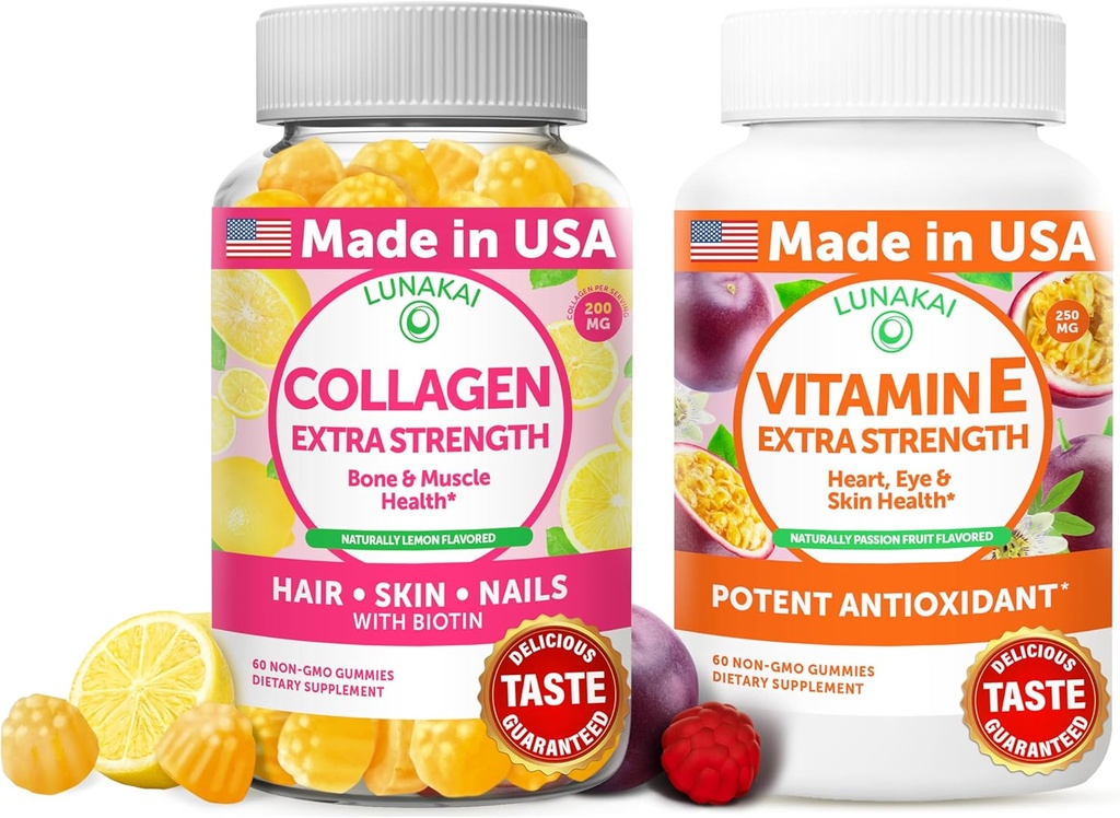 Lunakai Collagen dan Vitamin E Gummies Bundle - None-GMO Suplemen Anti Aging for Men & Women - Natural Gummy with Vitamin C & 250 mg Natural VIT E