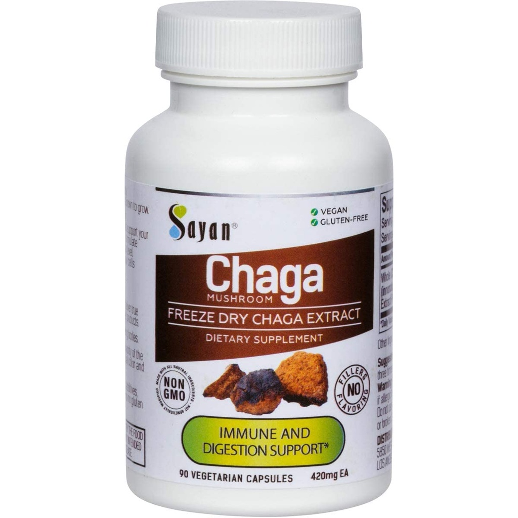 Sayan Siberian Chaga Mushroom Extract - 90 Capsules / 420mg ea - Natural & Wild- Harvest antioksidant Support & Regulate Body Functions - Vegan, Non-GMO, No Filler or Addontives