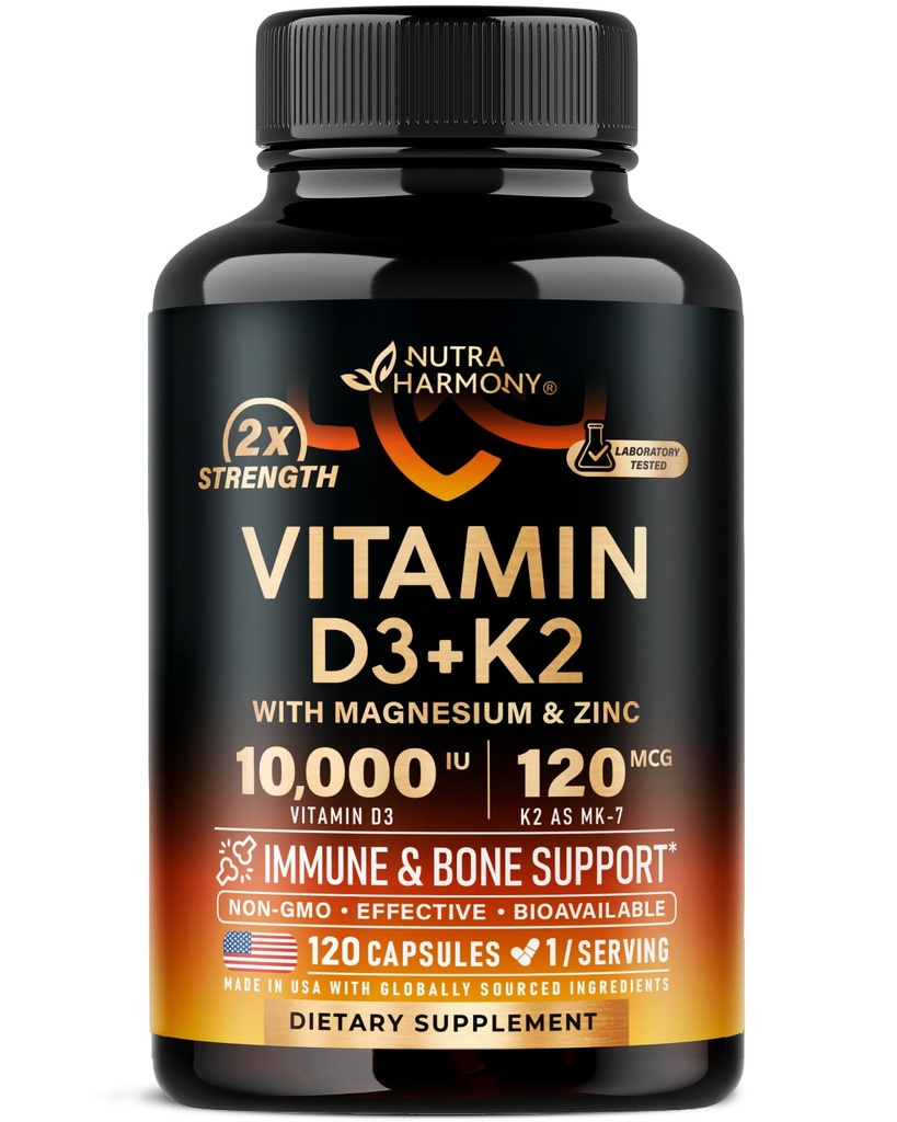 Vitamin D3 K2 - Vitamin D3 10000 iu & K2 sebagai MK-7 120 mcg - Imune & Mood Dukungan, untuk Bone & Teeth Health - dengan Magnesium, Zinc & Vitamin C & B12 - Sangat Bioavailable - Dibuat di AS, 120 Capsules