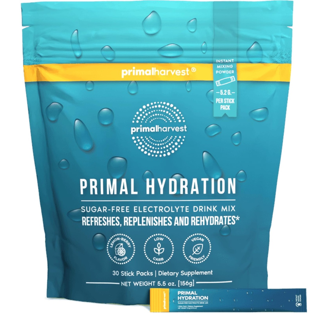 Primal Harvest Electrolytes Powder Paket Hidration Primmal, Paket Terbuka Mudah, Mix Energi (Lemon Berry, 30 Paket) (1 Tas)