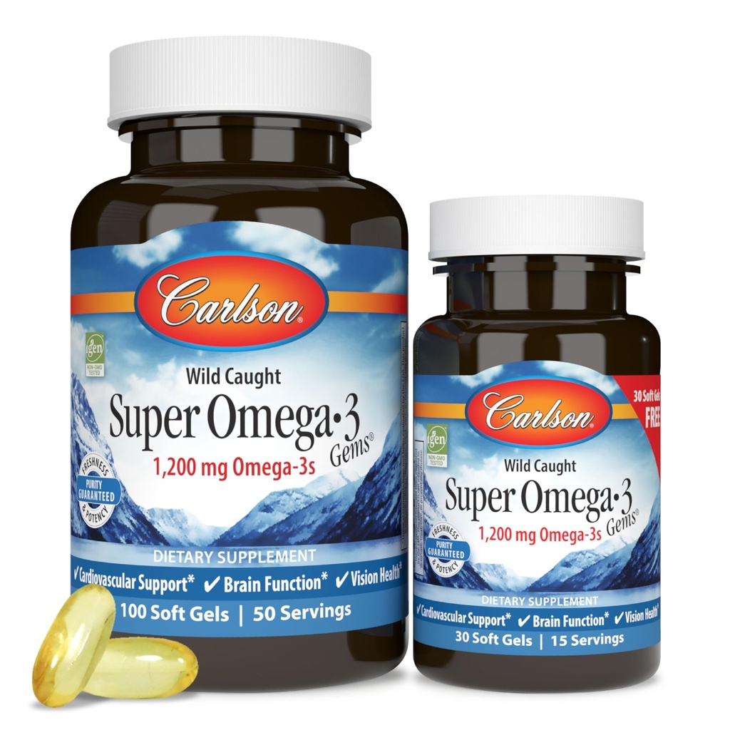 Carlson - Super Omega-3 Gems, 1200 mg Omega- 3 Acids Gendut dengan EPA dan DHA, Wild- Menangkap Suplemen Norwegia, Disediakan Kasuls Minyak Ikan, Omega 3 Suplemen, 100 + 30 Softgels