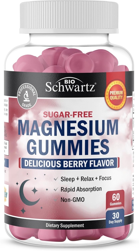 BioSchwartz Sugar Free Magnesium Gummies (30 Pelayan) Berry Flavored Magnesium Citrate Suplemen Tenaga Tenaga Hewan Nerves Sehat dan Tidur (Vegan Aman, Non GMO, 60 Gummies)