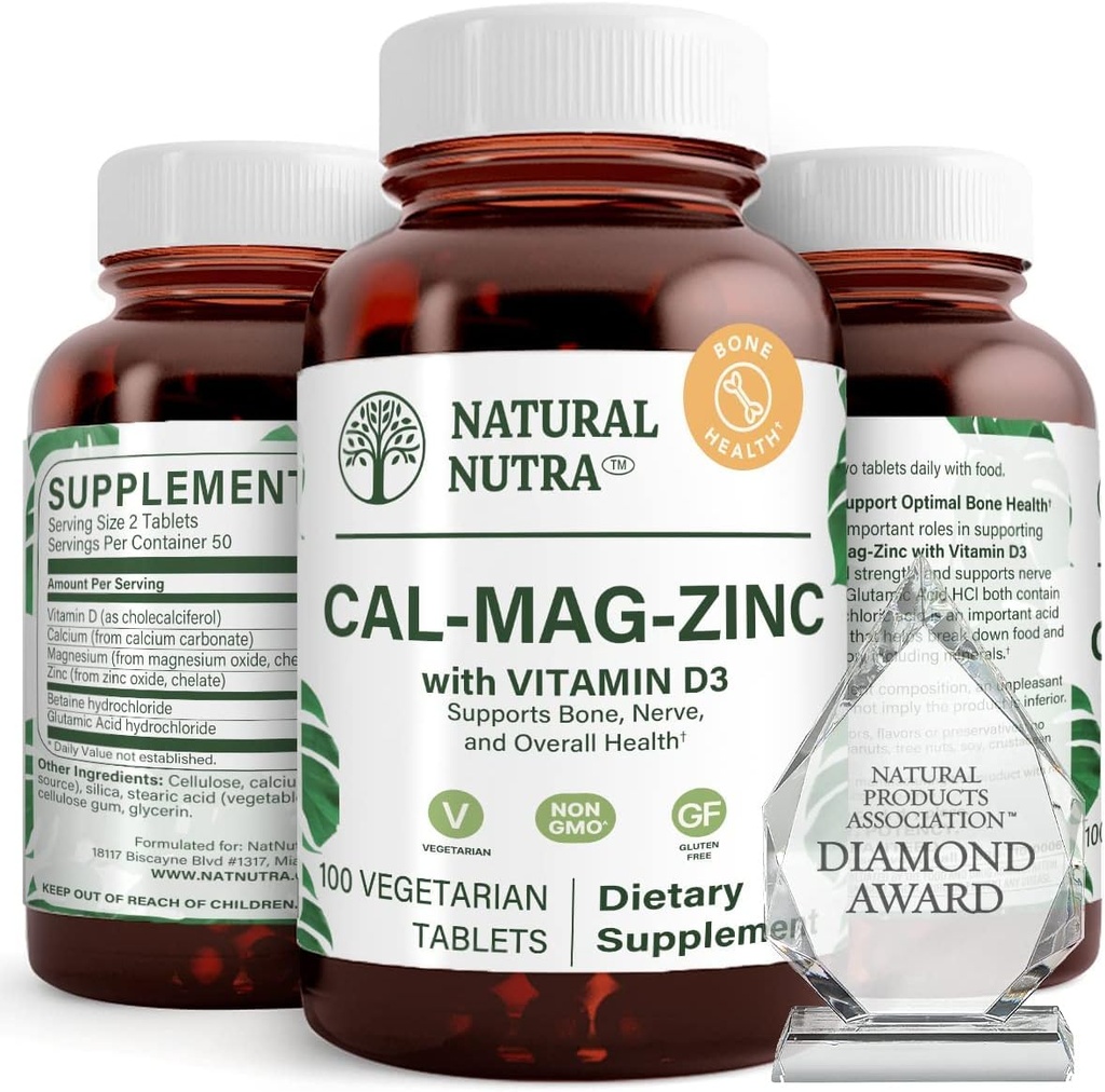 Suplemen Natural Nutra Calcium Magnesium Zinc (Cal-Mag Zinc) dengan Vitamin D3 untuk Kekuatan Tulang, Membantu Penyelubung Imposongan, Gluten Kesehatan Bebas dan Gula Bebas, Kompleks Mineral Escular (100 Count)