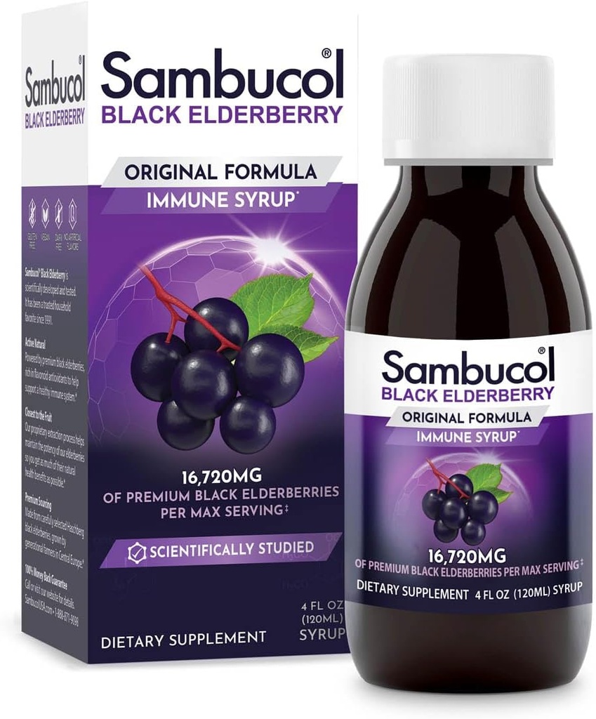 Sambucol Black Elderberry Syrup - Sambucus Elderberry Syrup, Black Elderberry Liquid, Imune Dukung, Elderberry Syrup untuk Anak dan Dewasa, High Antioksidants, Gluten Free - asli Formula, 4 Fl Oz
